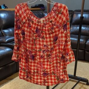 New York Laundry XL Red Checkered Floral Blouse